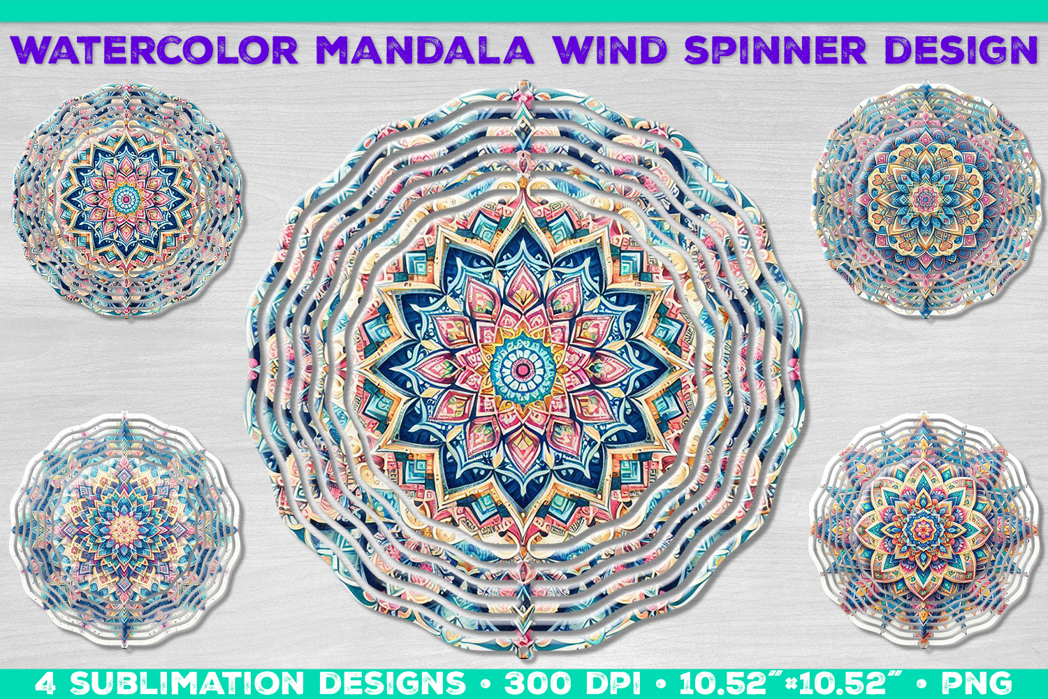 Watercolor Whimsical Mandala Wind Spinner Sublimation Design product image 1