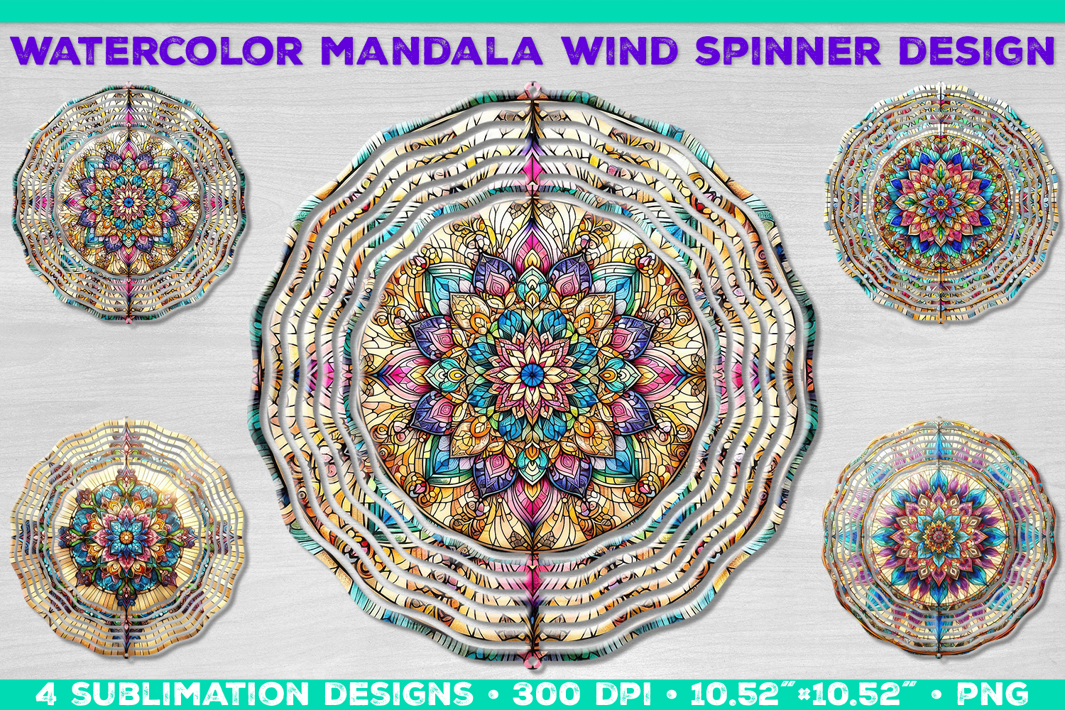 Watercolor Whimsical Mandala Wind Spinner Sublimation Design product image 1