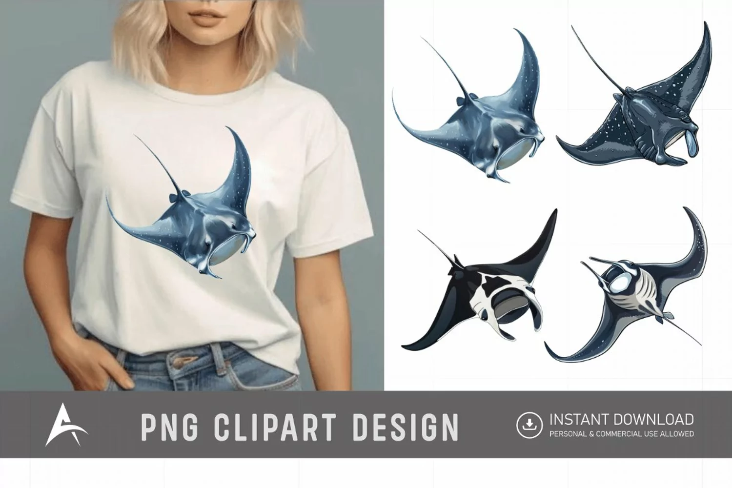 Watercolor Manta Ray Swimming Clipart product image 1