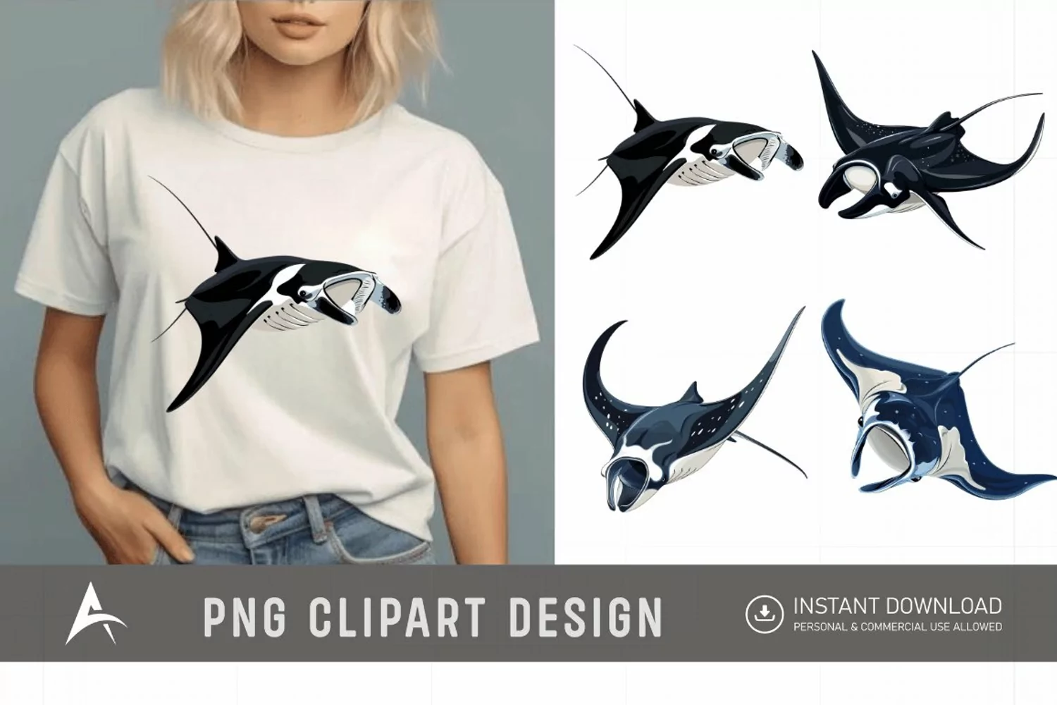 Watercolor Manta Ray Swimming Clipart product image 1
