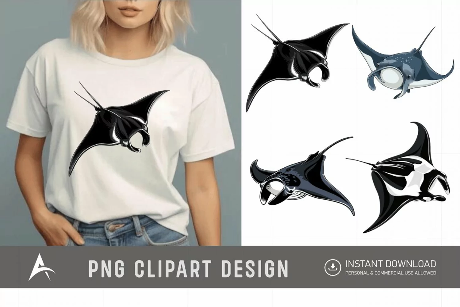 Watercolor Manta Ray Swimming Clipart product image 1