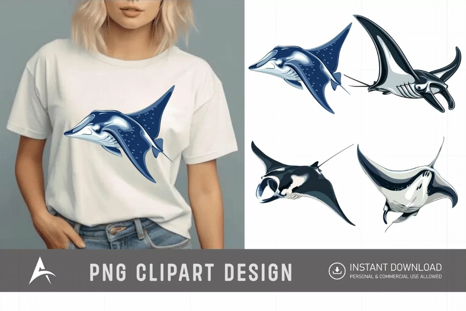 Watercolor Manta Ray Swimming Clipart product image 1