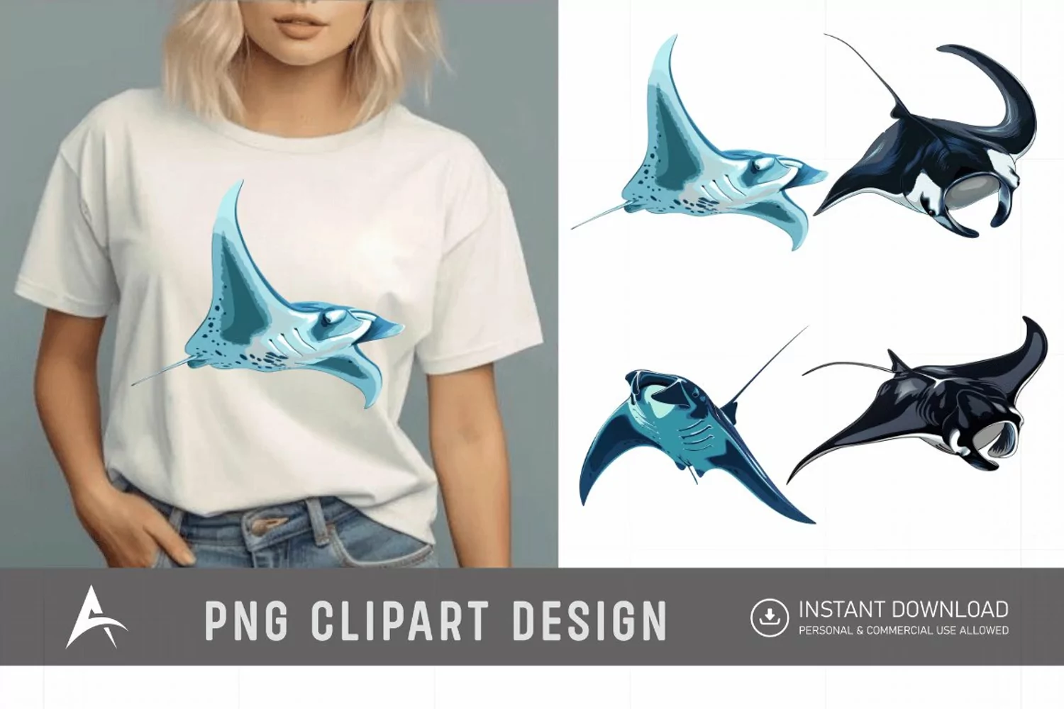 Watercolor Manta Ray Swimming Clipart product image 1