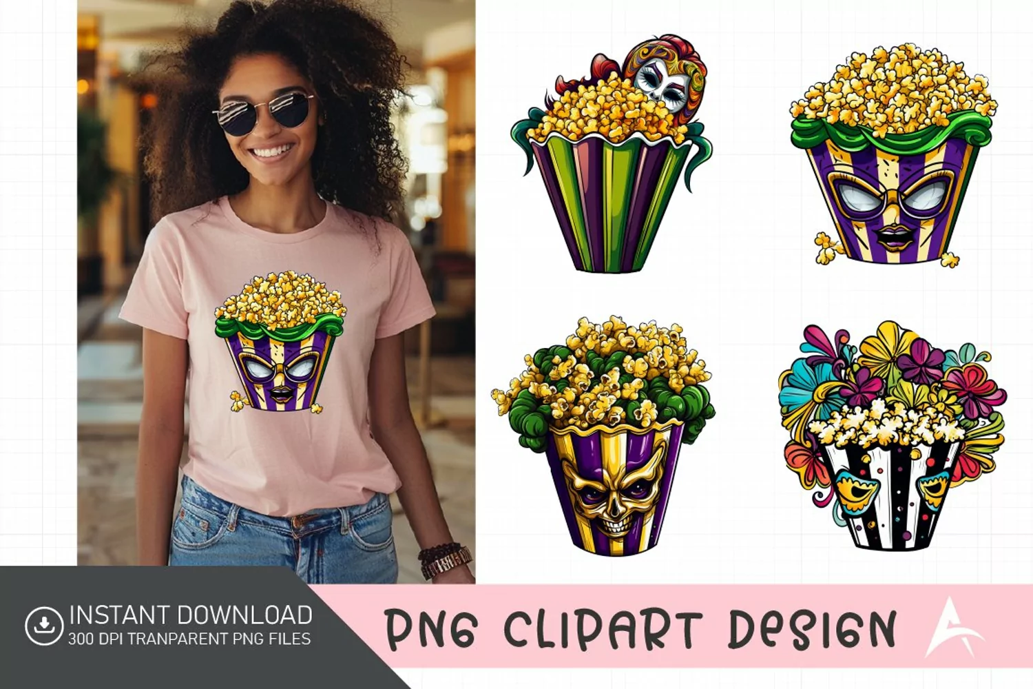 Watercolor Mardi Gras Popcorn Clipart product image 1