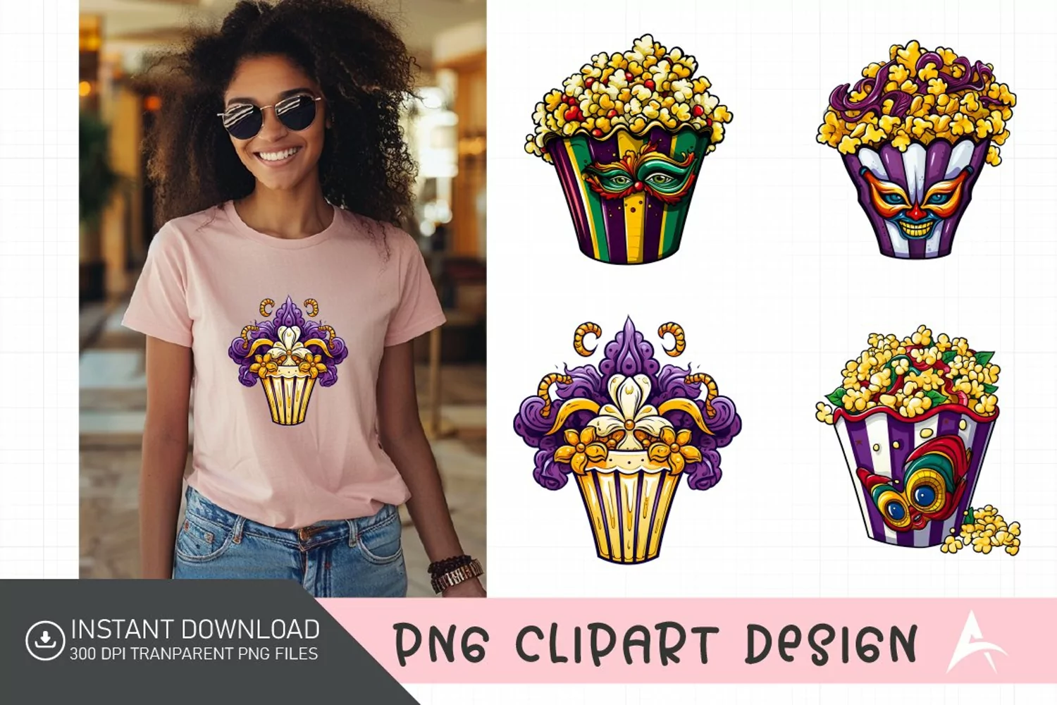Watercolor Mardi Gras Popcorn Clipart Fun product image 1