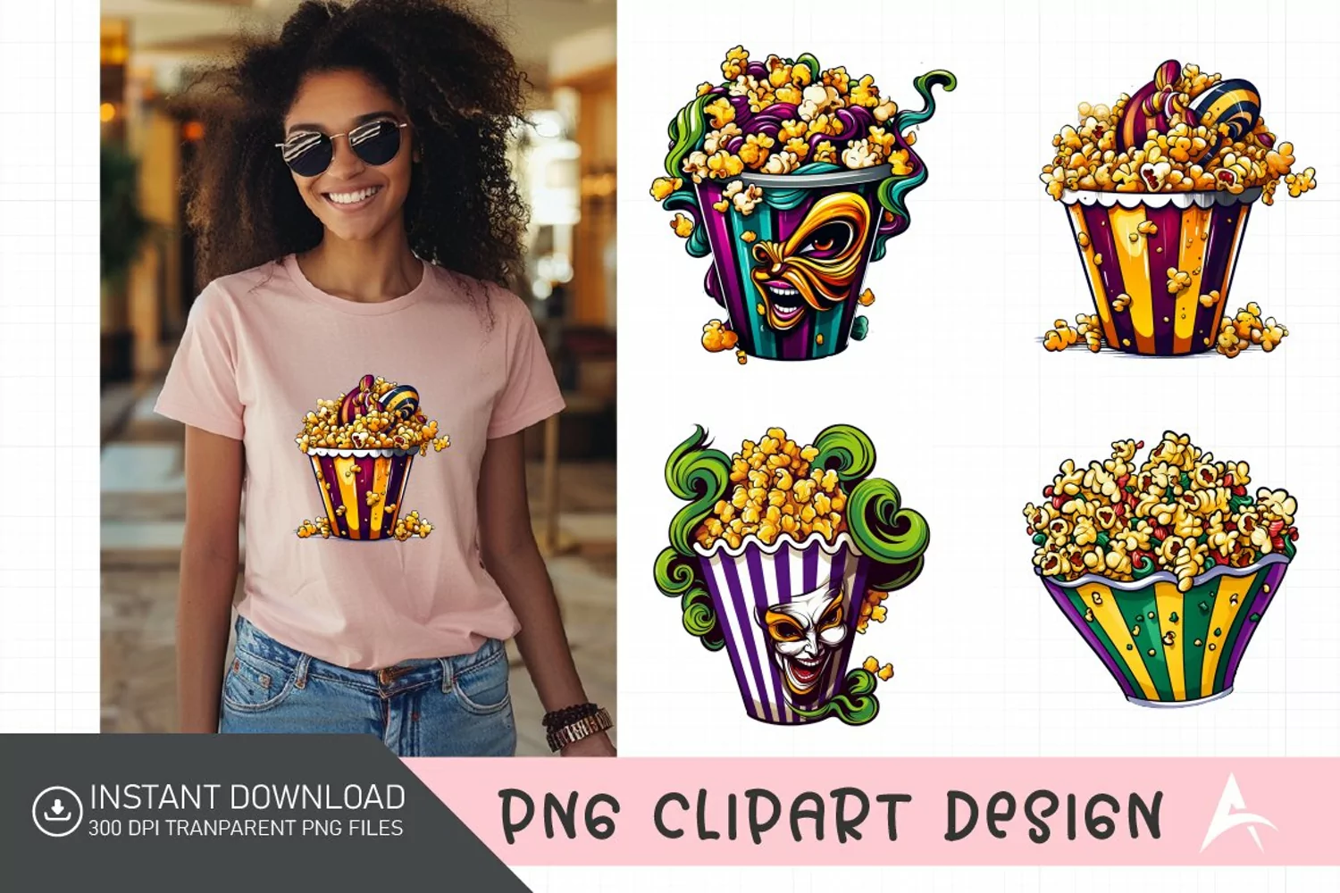 Watercolor Mardi Gras Popcorn Clipart product image 1