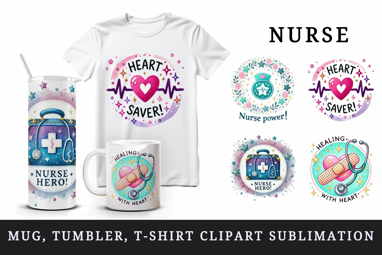 Watercolor medical kit heart badge bandage nurse nursery nursing quote print tumbler skinny mug wrap clipart t-shirt sublimation printable design png