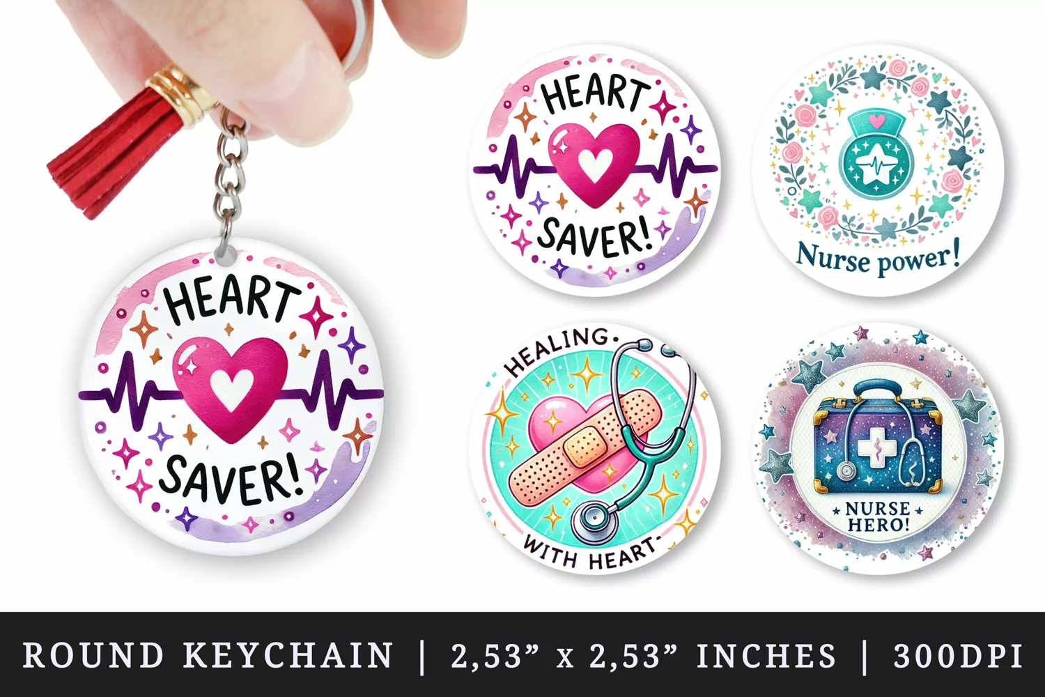 Watercolor medical kit heart heartbeat line badge bandage stethoscope nurse nursery nursing quote print round keychain keychains sublimation design
