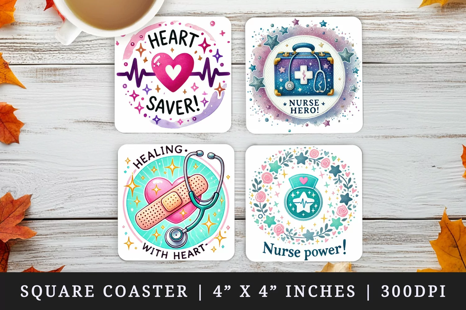 Watercolor medical kit heart heartbeat line badge bandage stethoscope nurse nursery nursing quote print square coaster mug coasters sublimation design