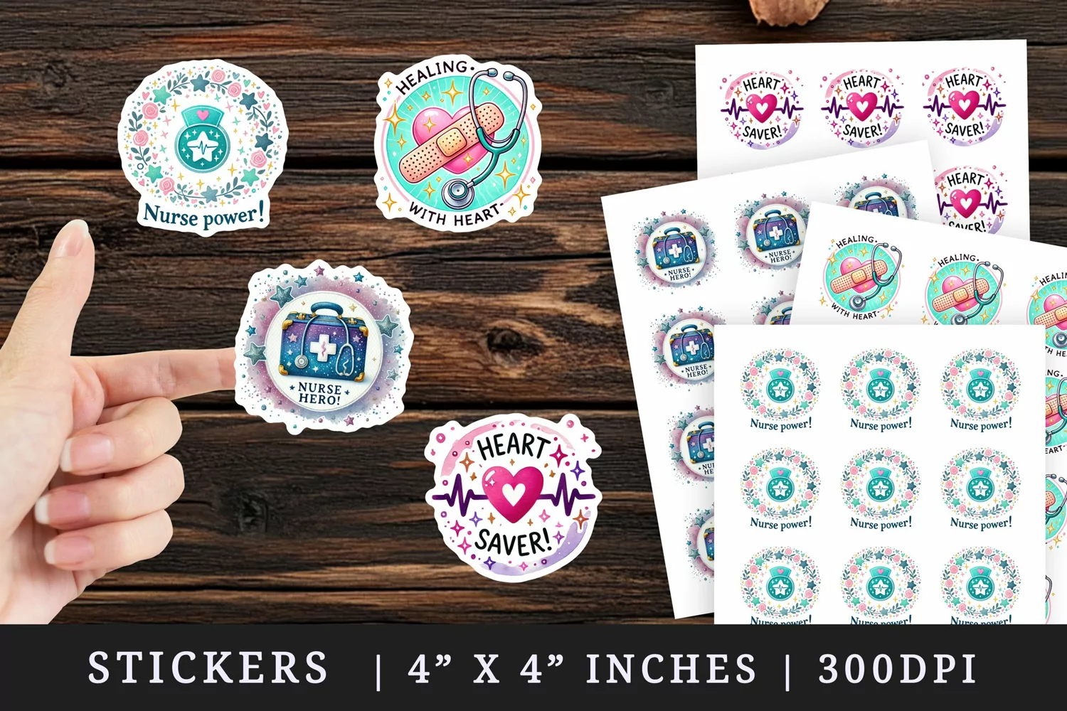 Watercolor medical kit heart heartbeat line badge stethoscope nurse nursery nursing quote print sticker sheet stickers printable sublimation design png