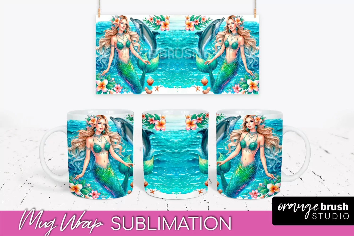 Mermaid Mug Wrap - Watercolor Mermaid Mug Sublimation Design product image 1