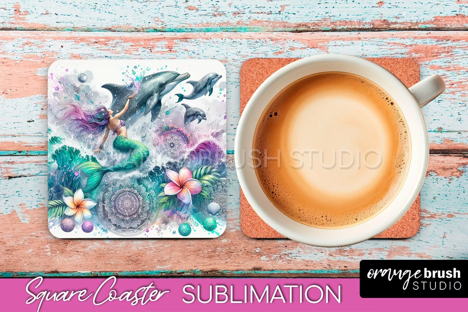 Watercolor Mermaid Square Coaster Sublimation Design product image 1