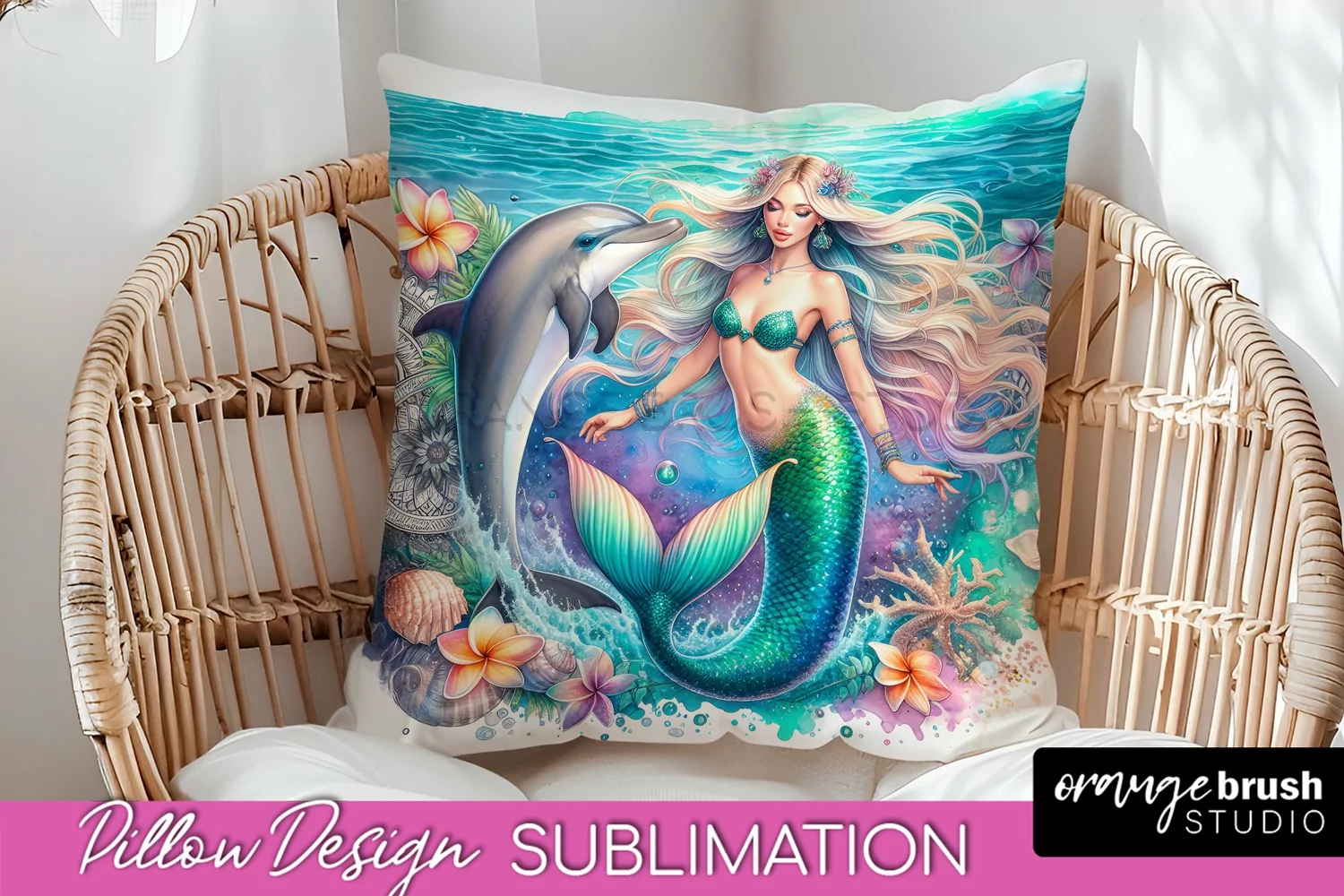 Watercolor Mermaid Pillow Cover - Summer Pillow Sublimation product image 1