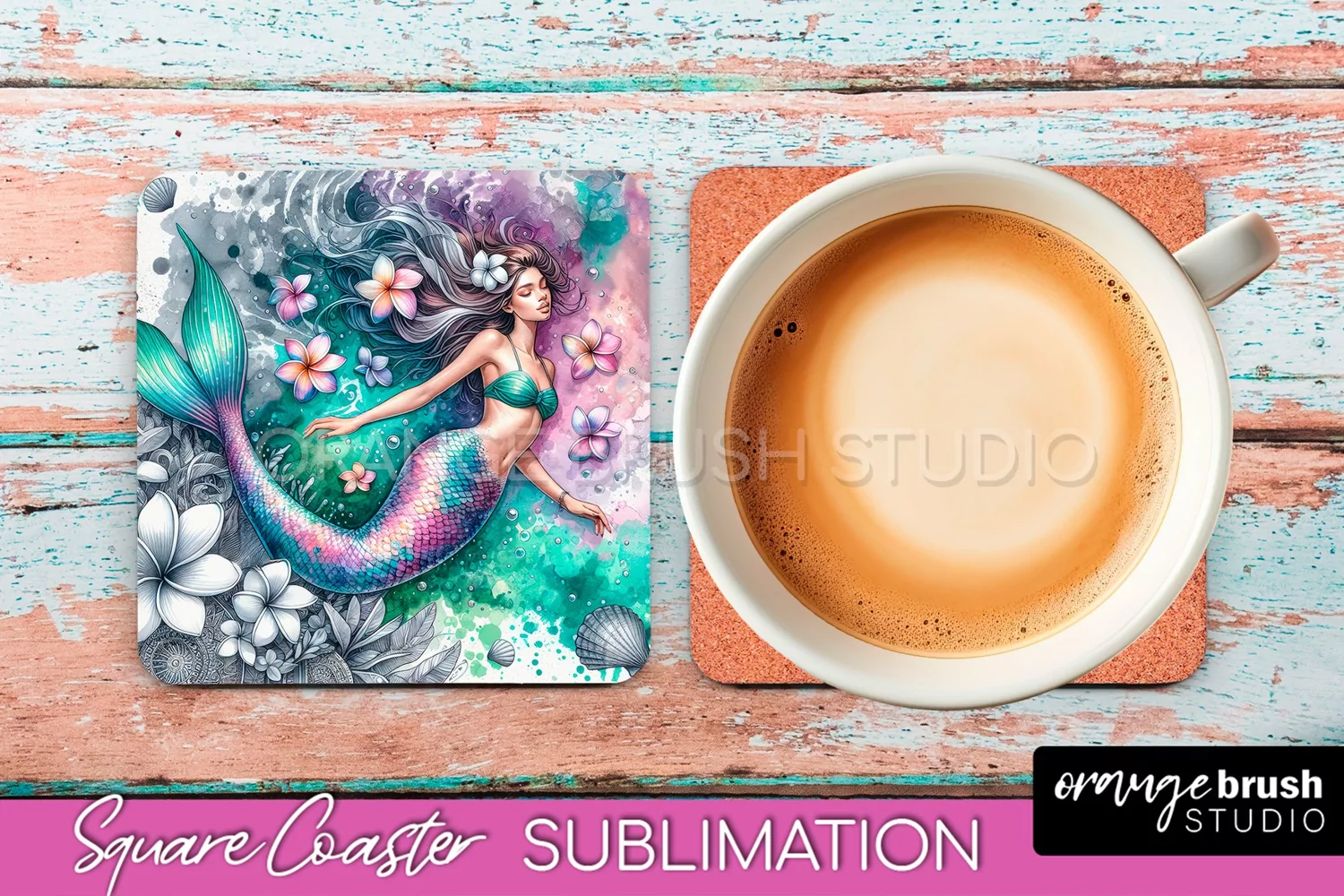 Watercolor Mermaid Square Coaster Sublimation Design product image 1