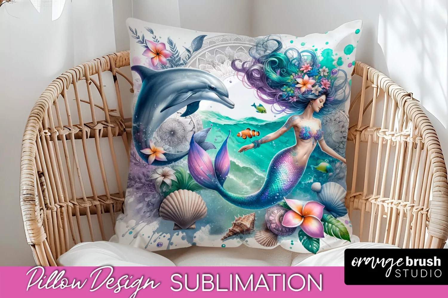 Watercolor Mermaid Pillow Cover - Summer Pillow Sublimation product image 1