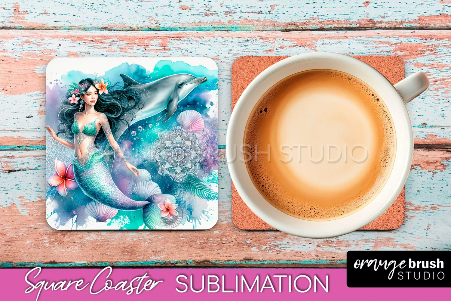 Watercolor Mermaid Square Coaster Sublimation Design product image 1