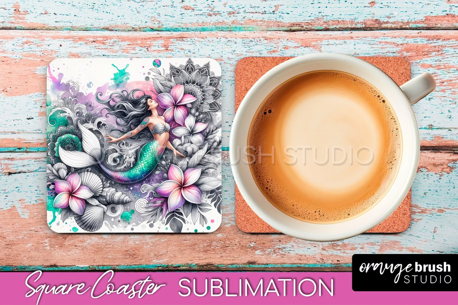 Watercolor Mermaid Square Coaster Sublimation Design product image 1