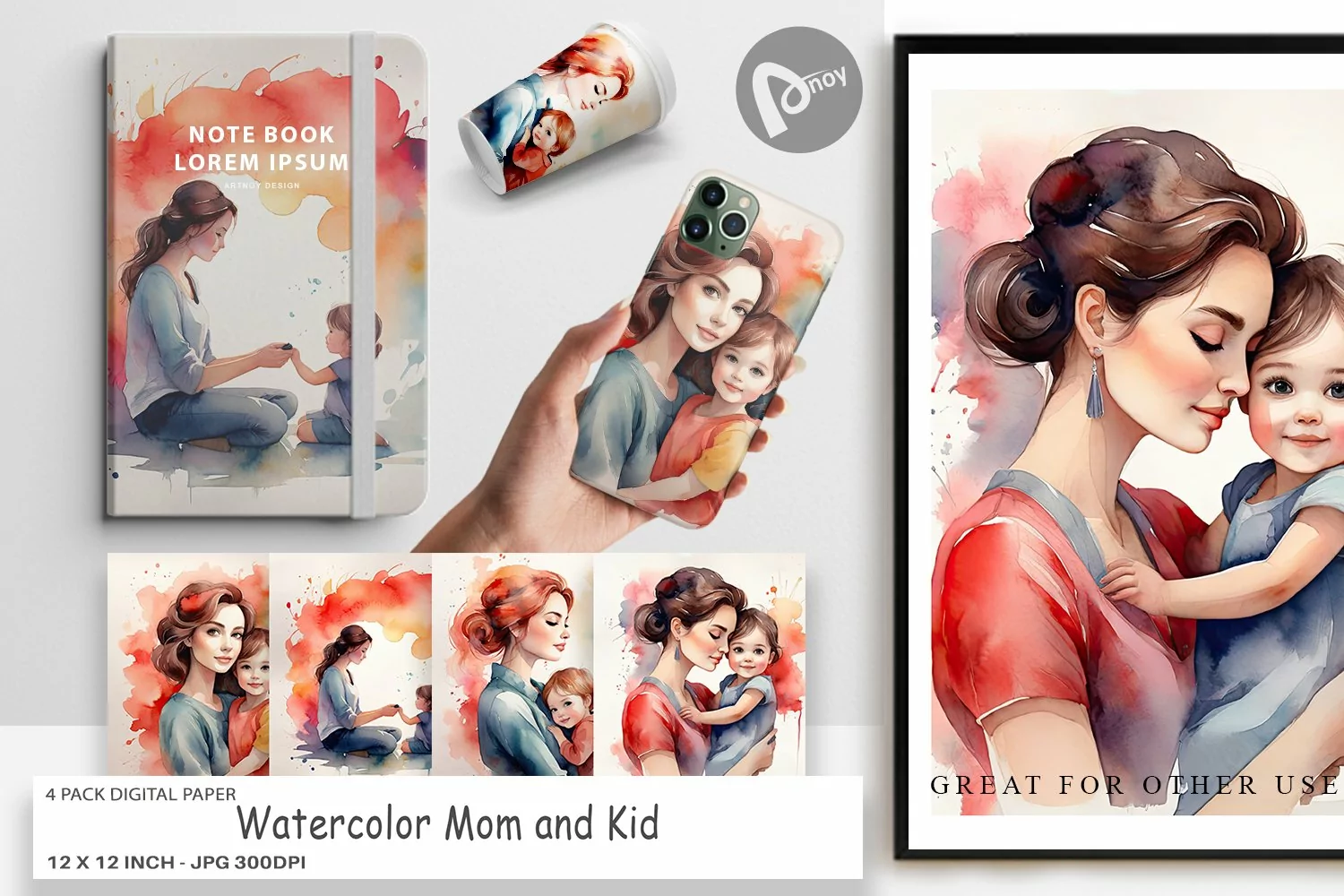 Digital Paper Watercolor Mom and Kid product image 1