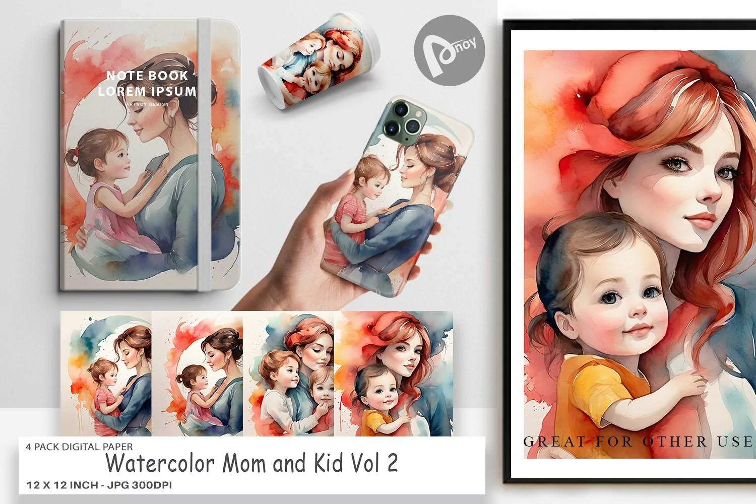Digital Paper Watercolor Mom and Kid product image 1
