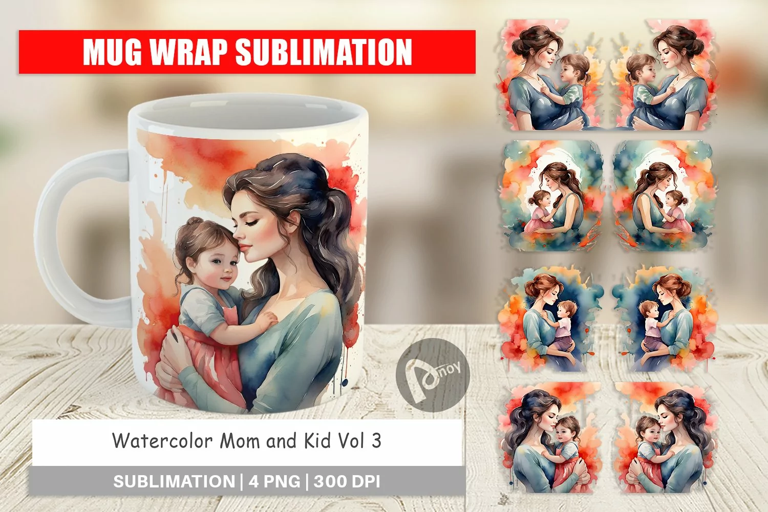 Mug Wrap Design Watercolor Mom and Kid product image 1