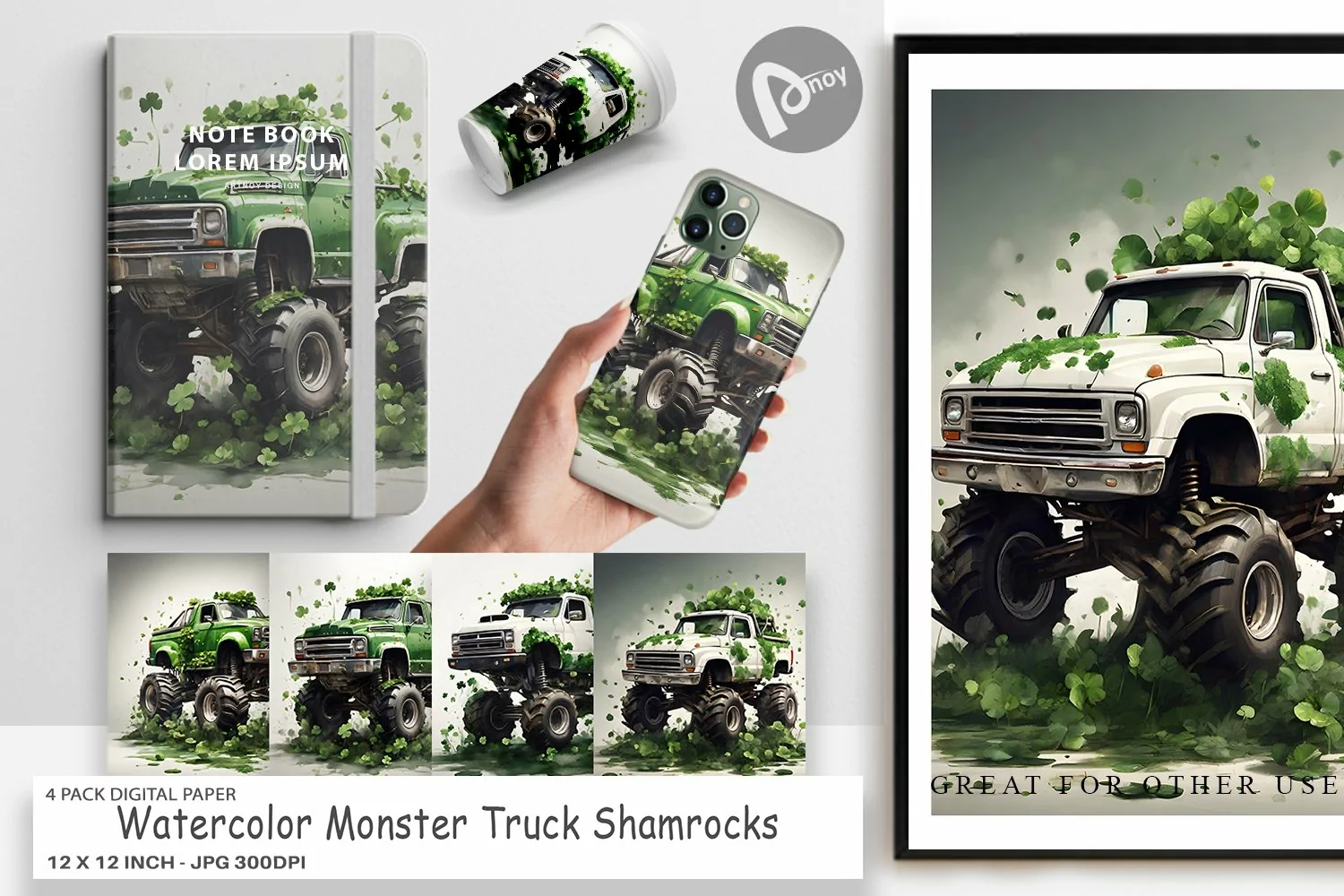 Digital Paper Monster Truck Shamrocks product image 1