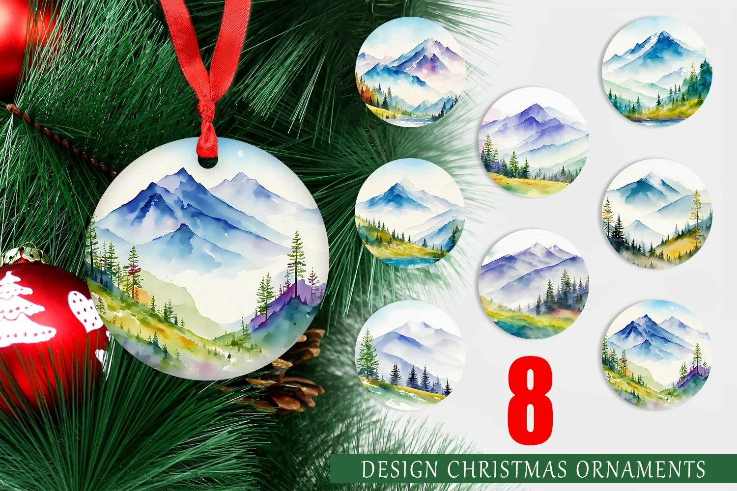 Christmas Ornaments Watercolor Mountain product image 1
