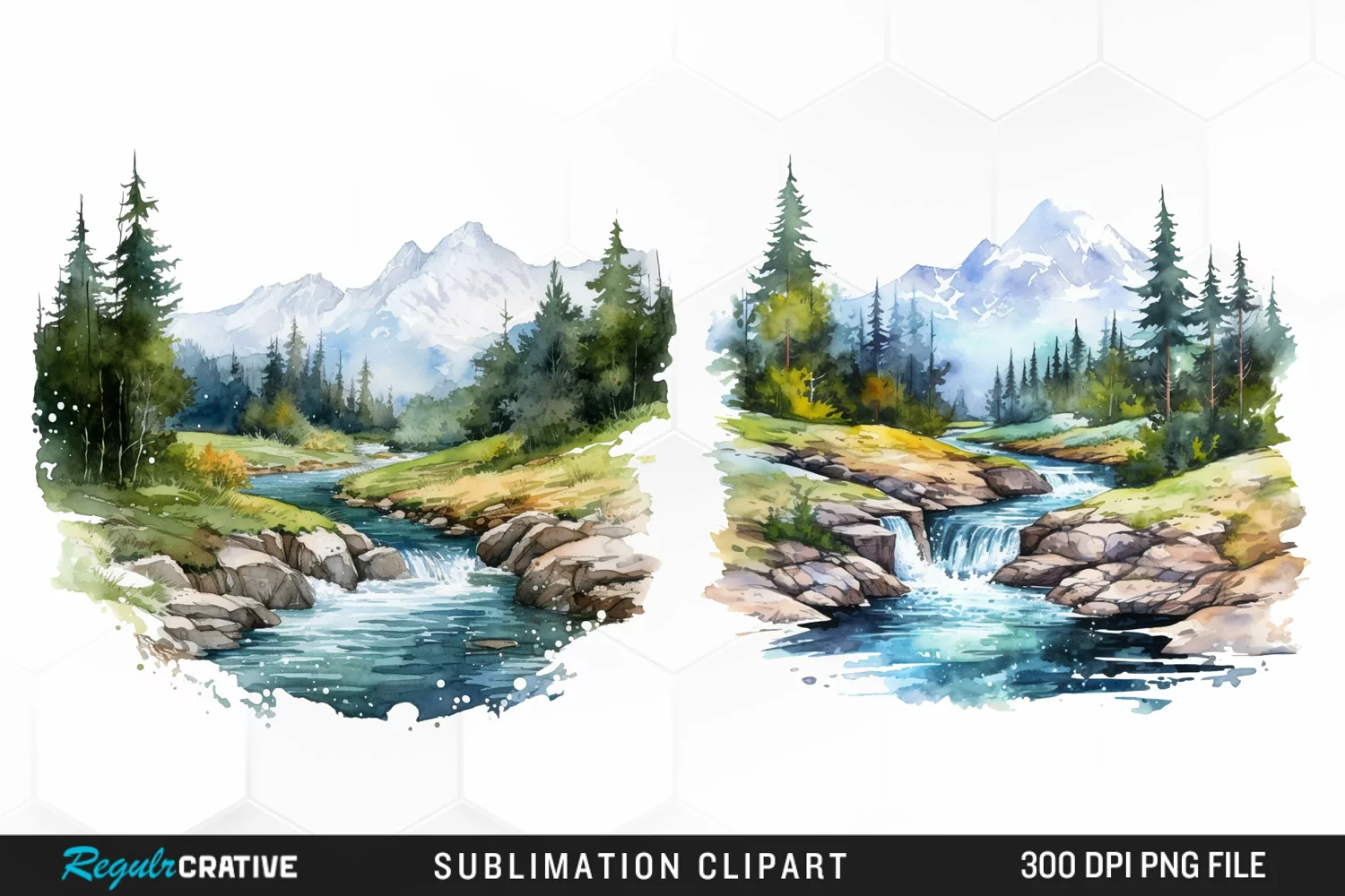 Watercolor Mountain Creek Landscape Graphic Clipart product image 1