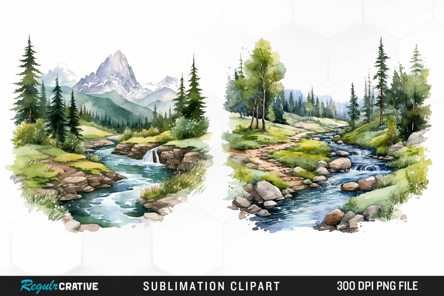 Watercolor Mountain Creek Landscape Graphic Clipart product image 1