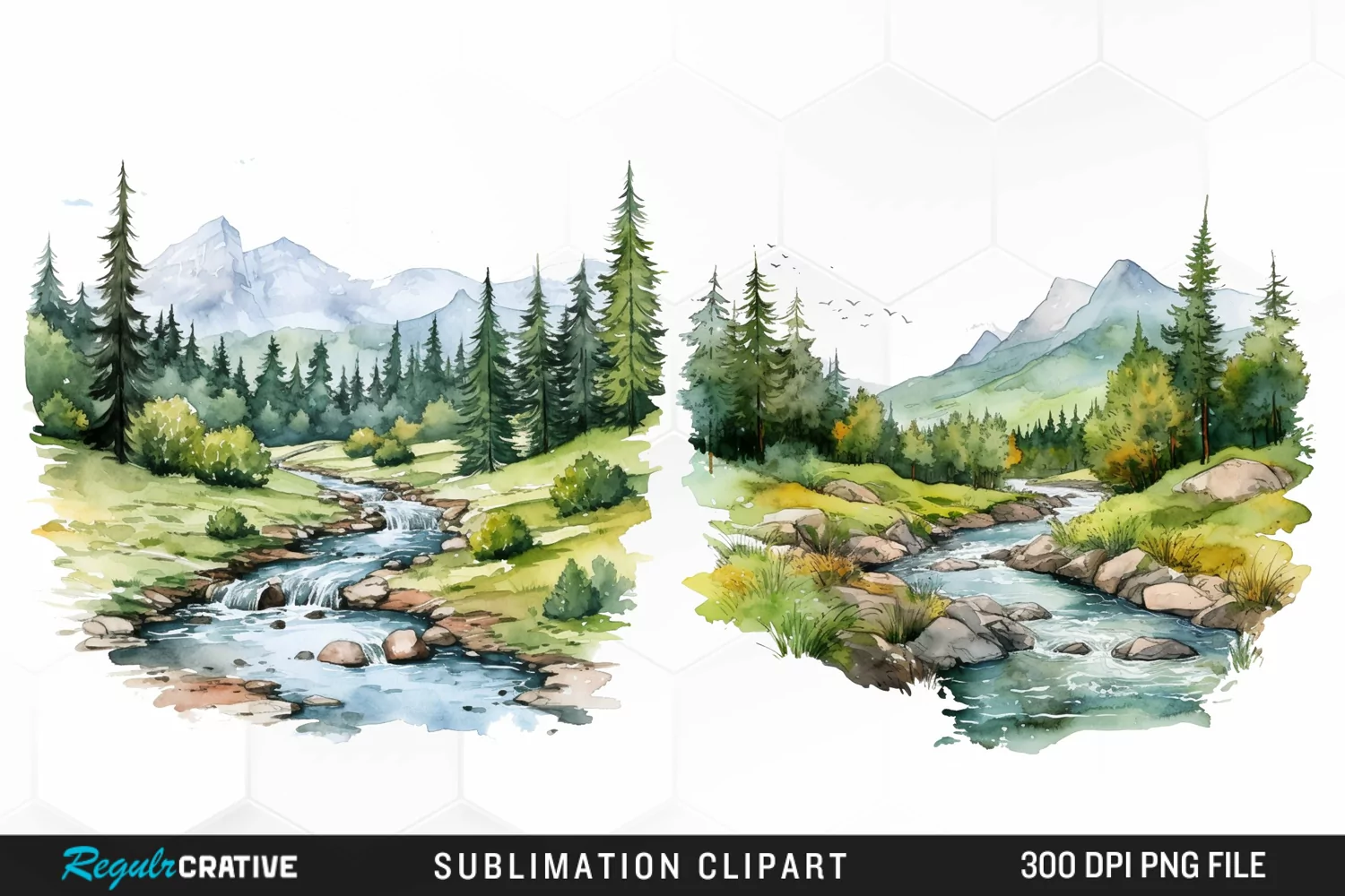Watercolor Mountain Creek Landscape Graphic Clipart product image 1