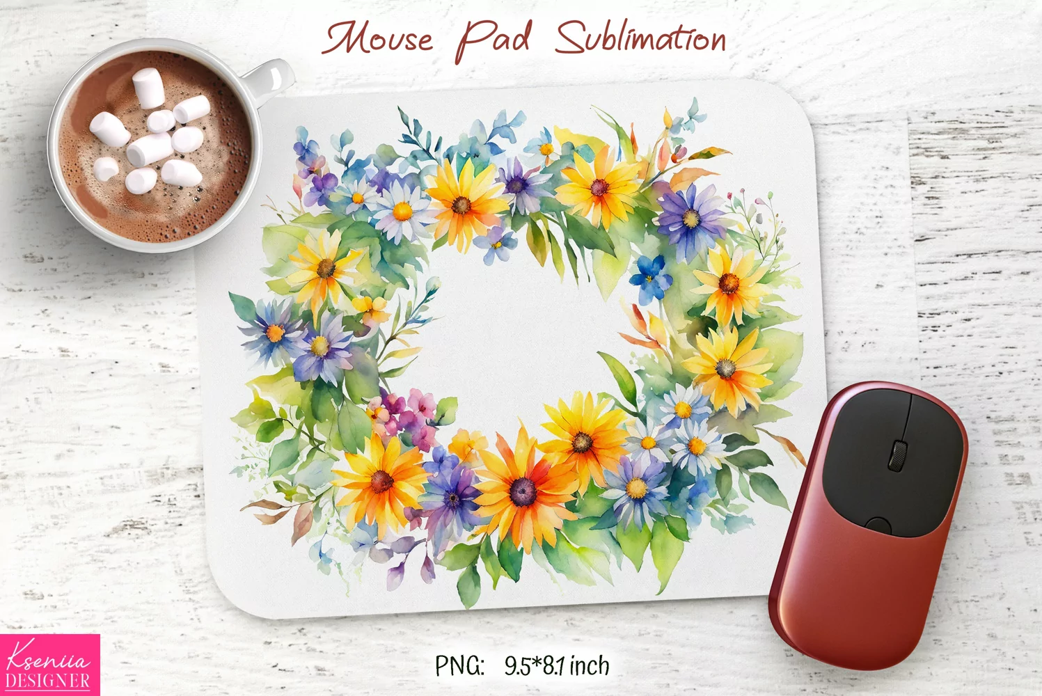 Watercolor Flower Wreath Design|Flower Mouse Pad Sublimation product image 1