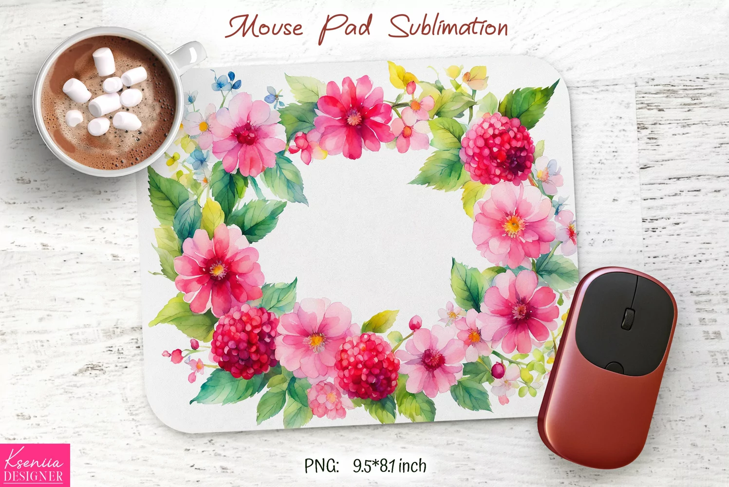 Watercolor Flower Wreath Design|Flower Mouse Pad Sublimation product image 1