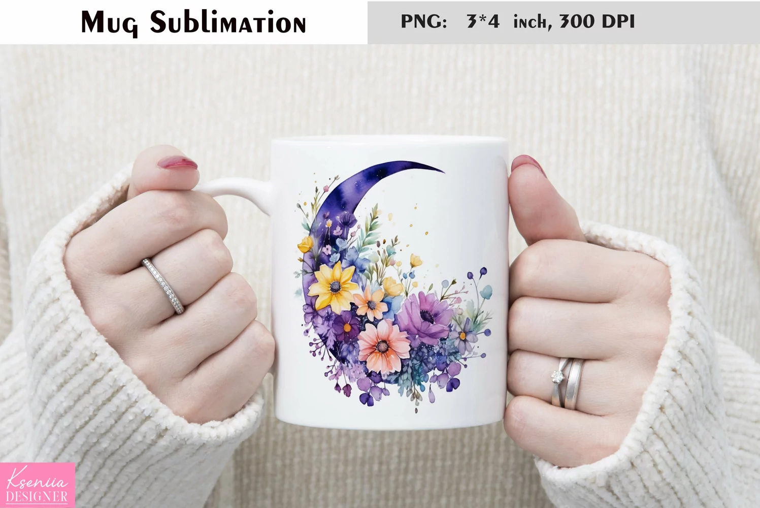 Watercolor Flower Mug Sublimation|Moon Mug Design product image 1