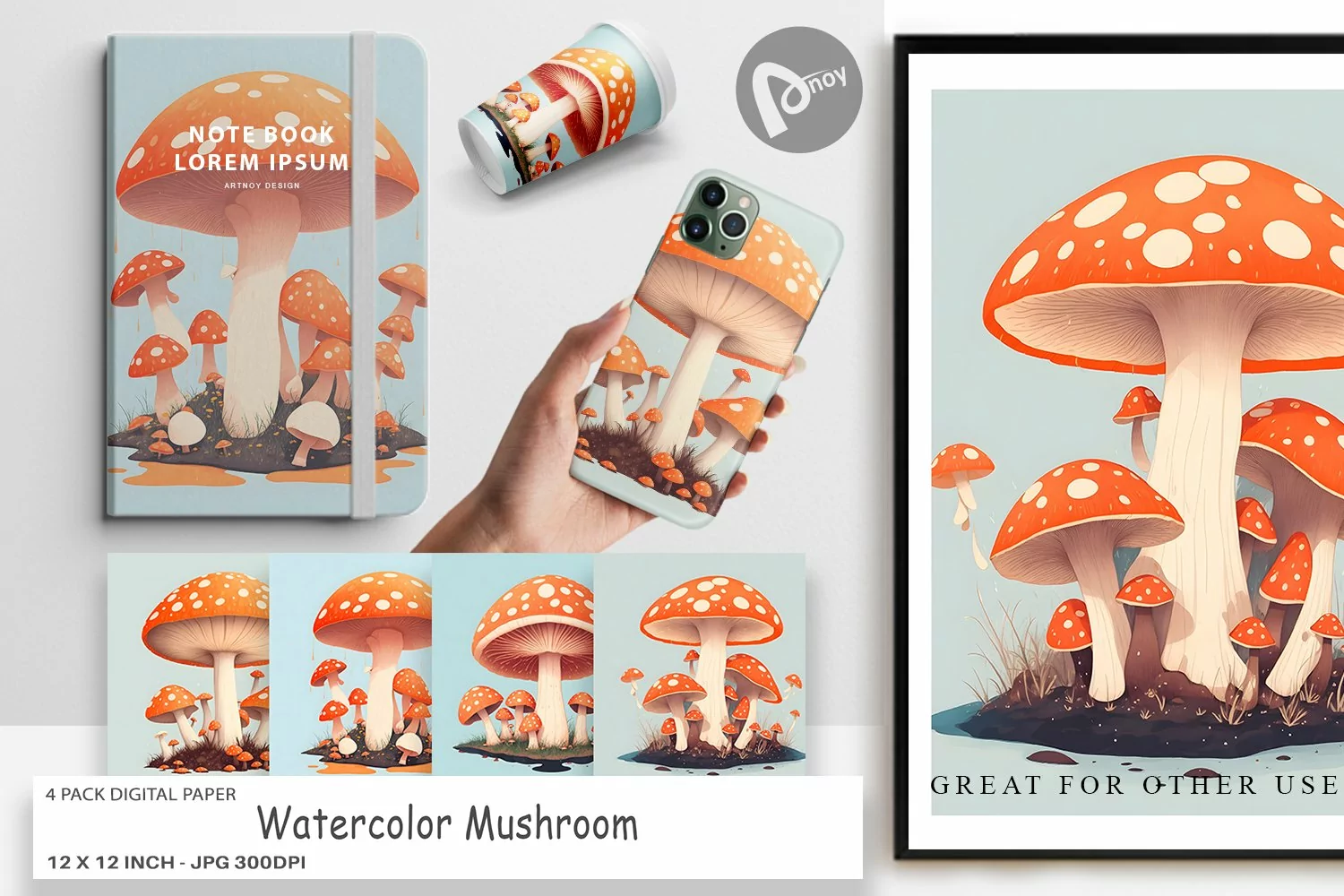 Digital Paper Watercolor Mushroom product image 1