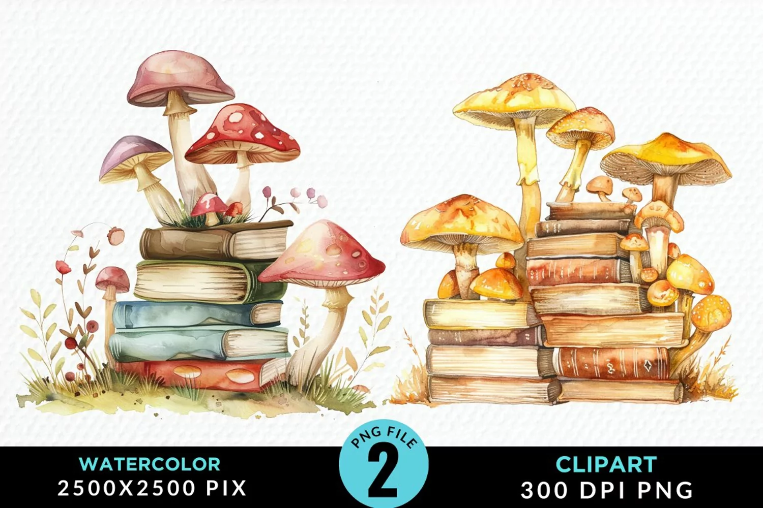 Watercolor Mushroom Books Illustration Clipart product image 1