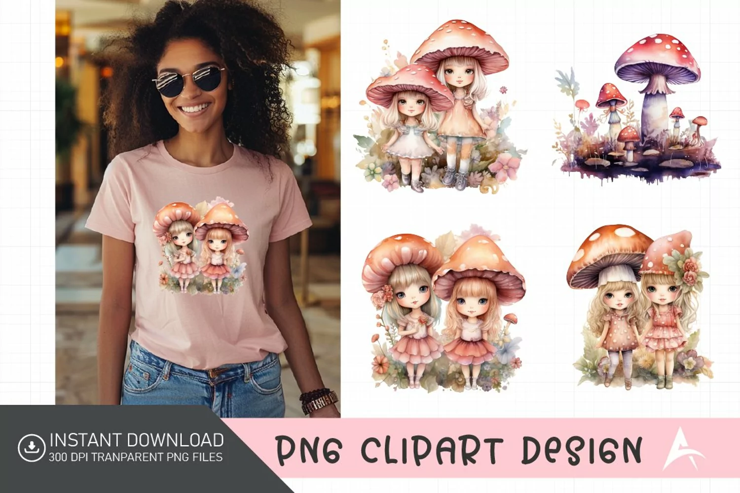 Watercolor Mushroom Fairies Clipart product image 1