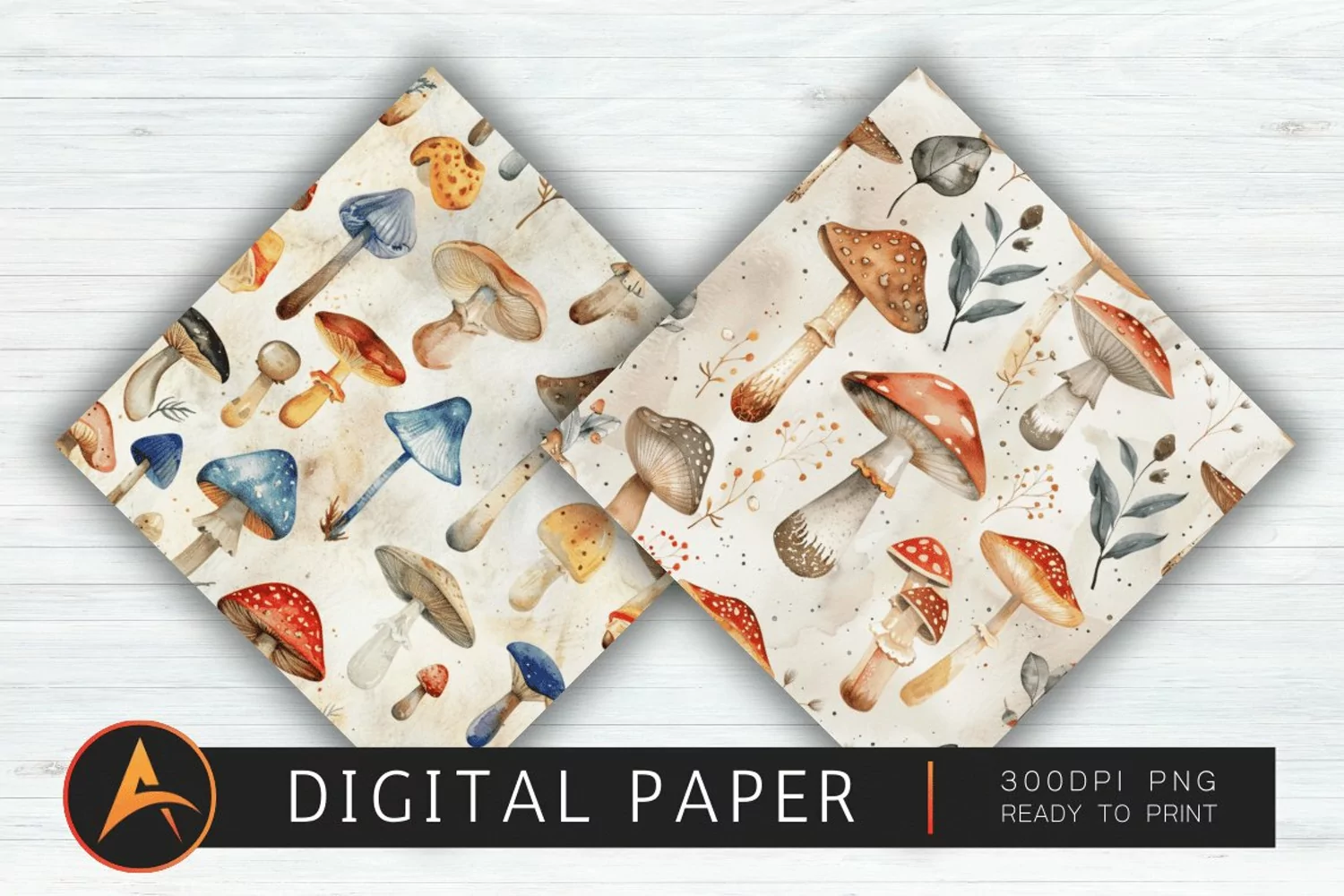 Watercolor Mushrooms Digital Paper PNG product image 1