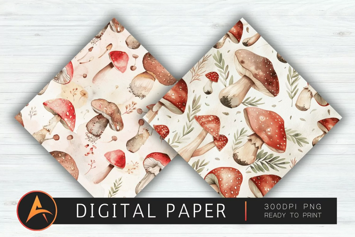 Watercolor Mushrooms Digital Paper PNG product image 1