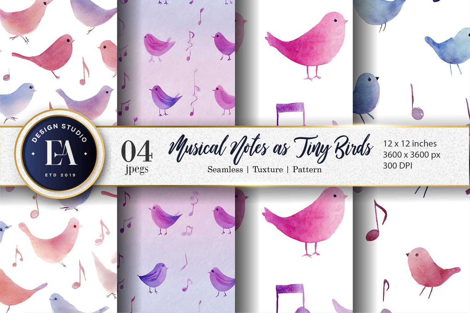 Musical Notes Shaped Like Birds Pattern Digital Paper product image 1