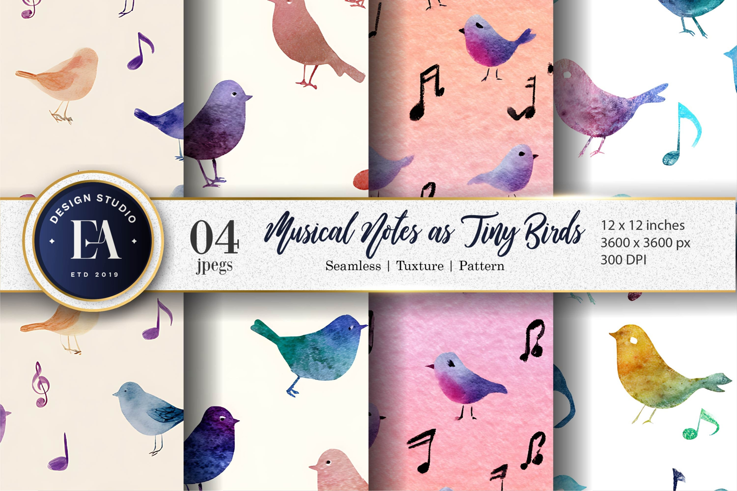 Watercolor Musical Notes Shaped Like Tiny Bird Digital Paper product image 1