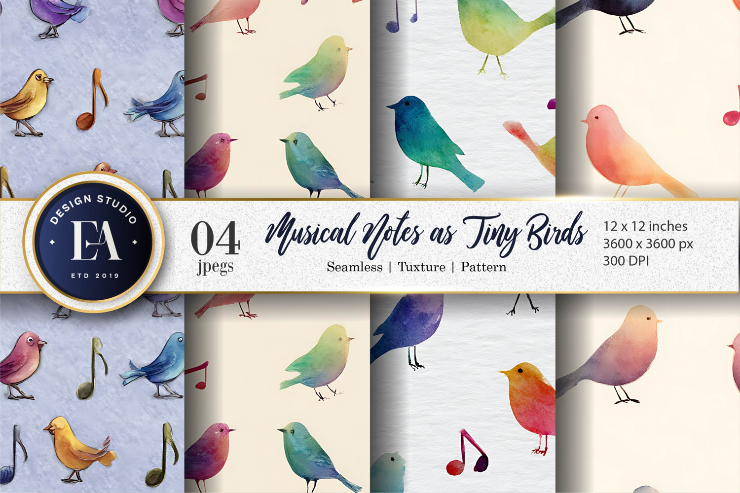 Musical Notes Shaped Like Birds Pattern Digital Paper product image 1