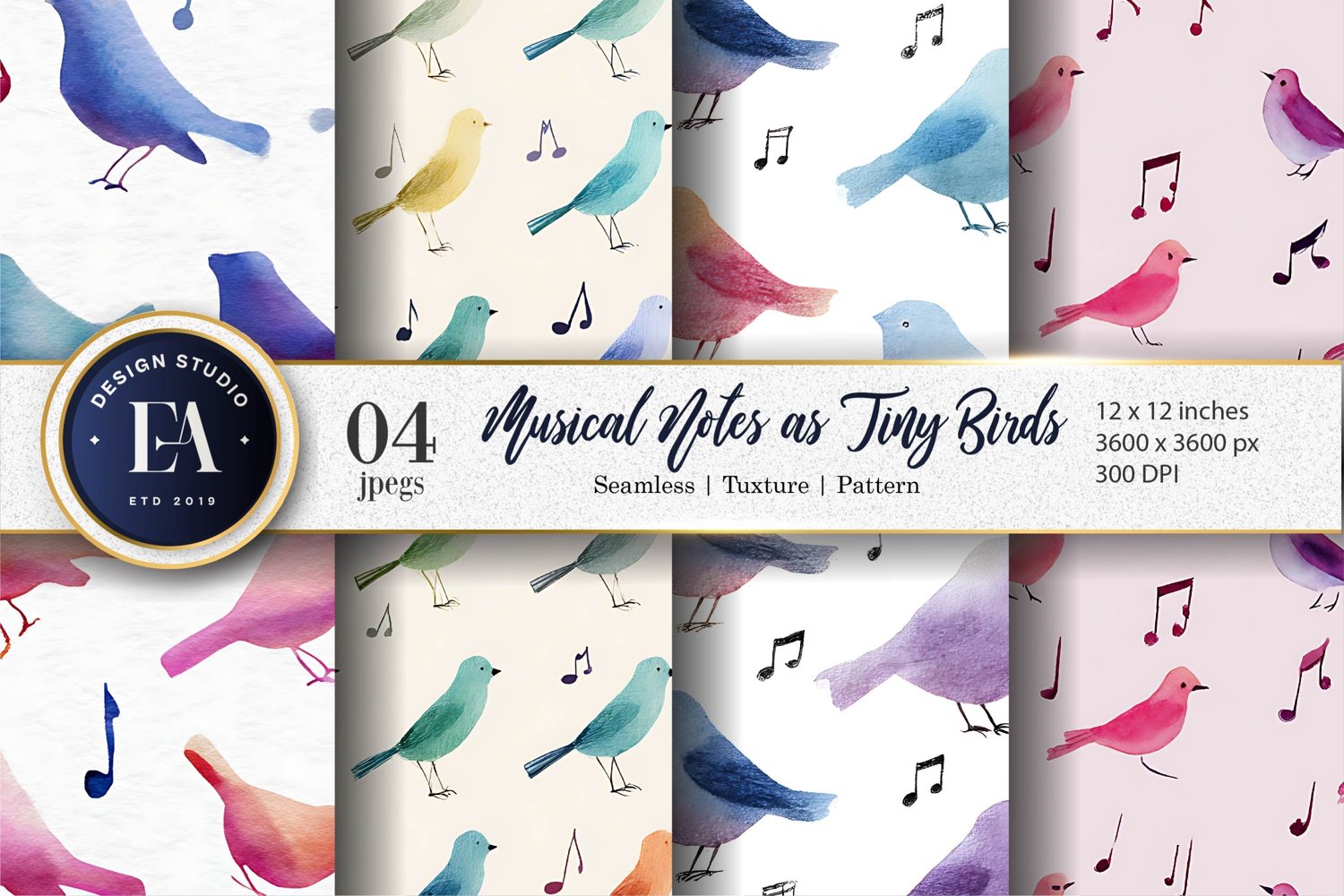 Hand-Painted Musical Notes as Tiny Birds Digital Paper product image 1