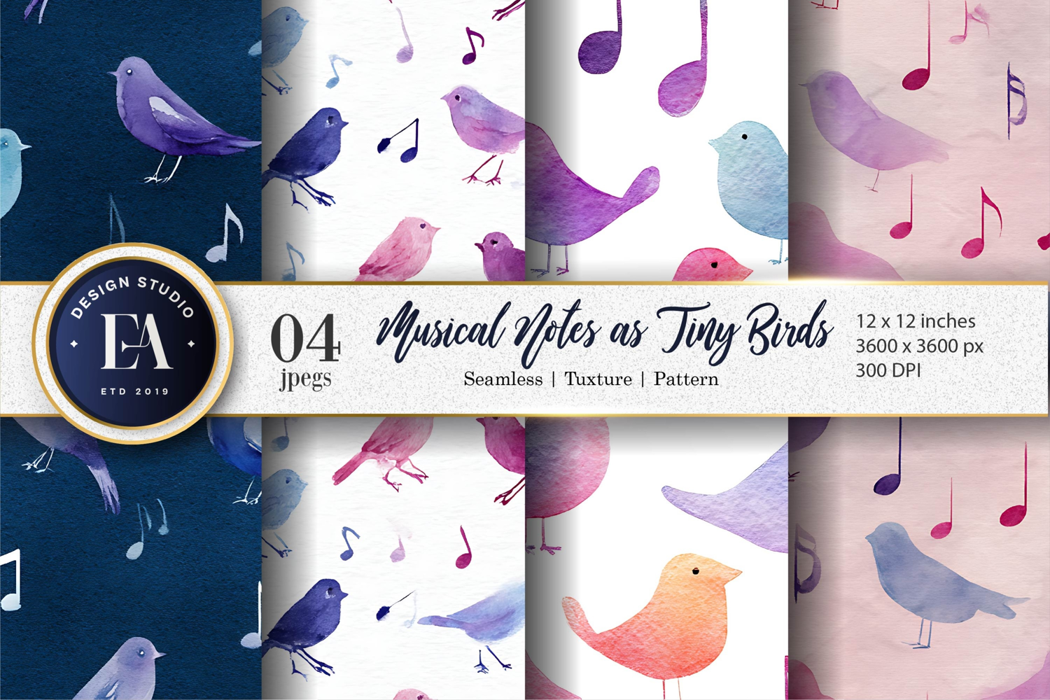 Watercolor Musical Notes Shaped Like Tiny Bird Digital Paper product image 1