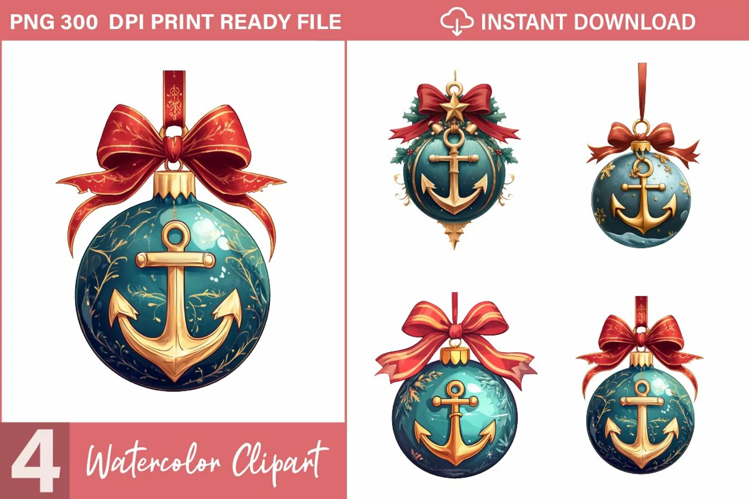 Watercolor Nautical Christmas Design Clipart product image 1