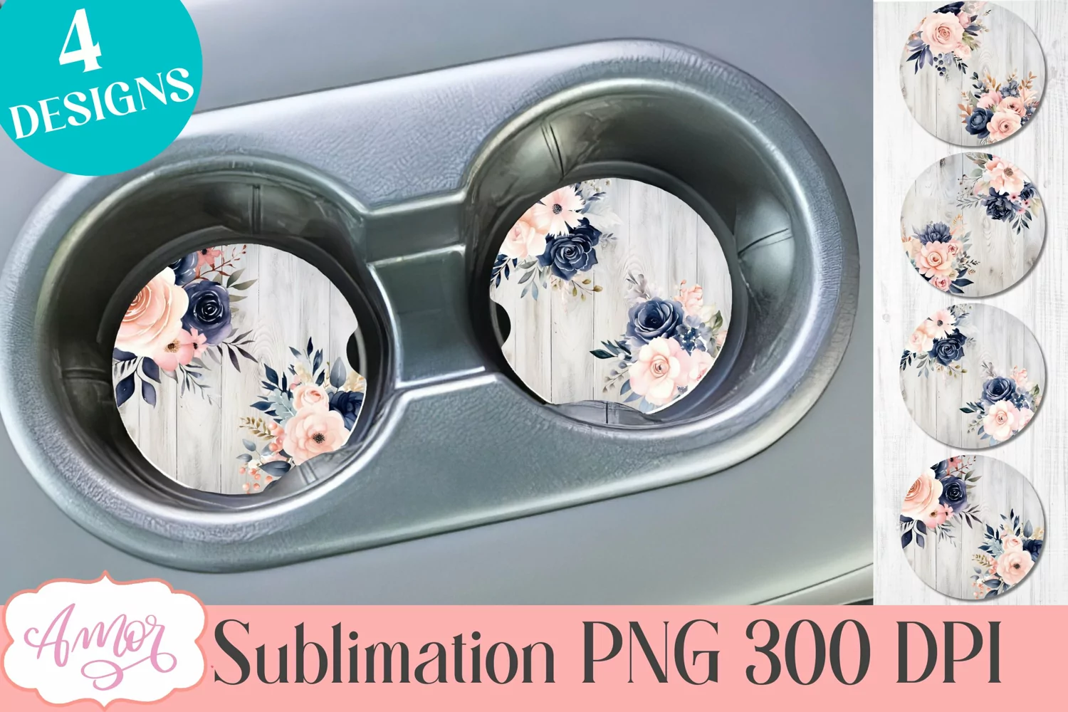 Watercolor navy floral designs for car coaster sublimation product image 1