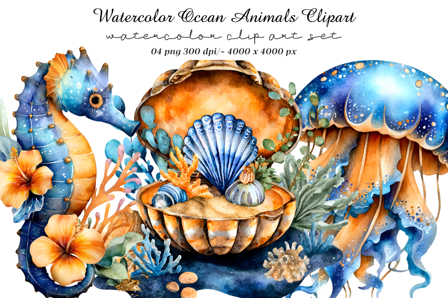 Watercolor Ocean Animals Clipart product image 1