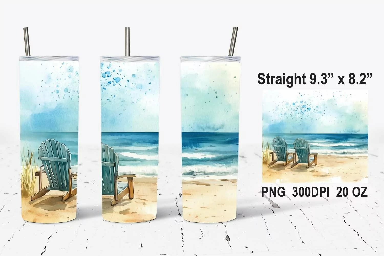 Watercolor Ocean Beach Chairs Tumbler Wrap, Summer PNG product image 1