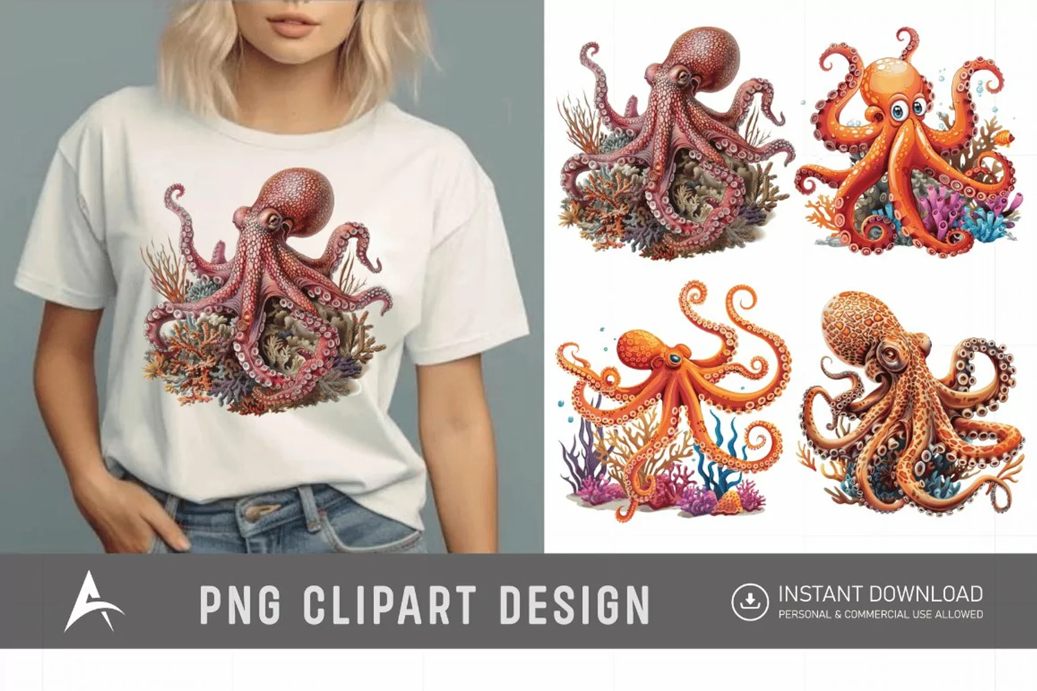 Watercolor Octopus on Ocean Coral Clipart product image 1