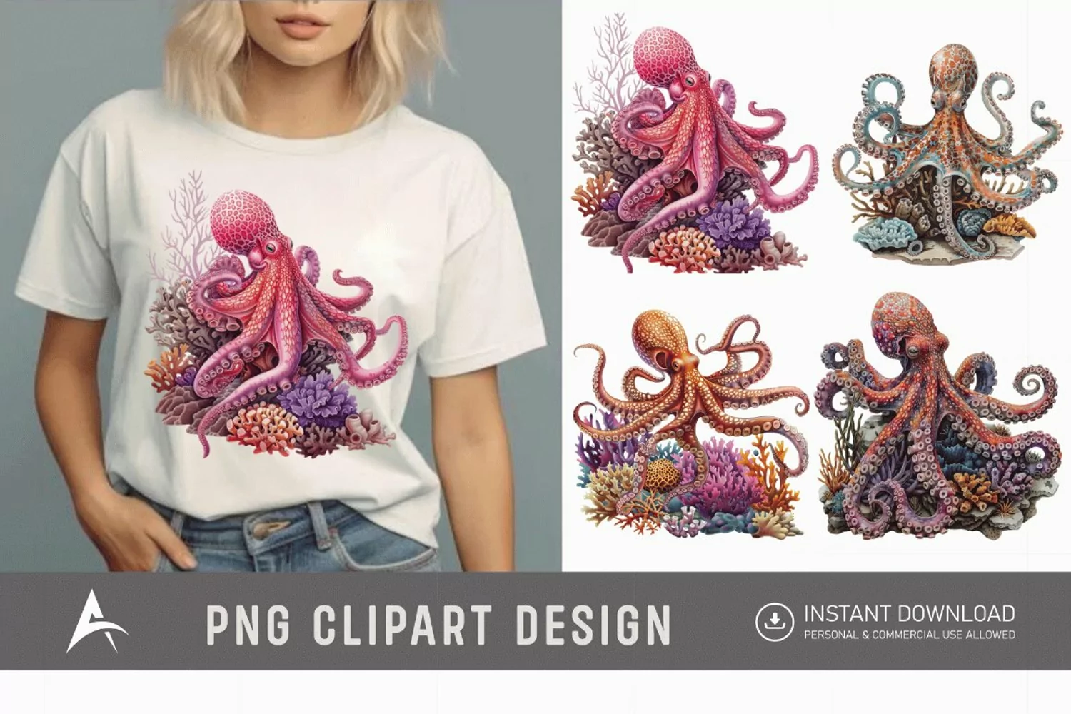 Watercolor Octopus on Ocean Coral Clipart product image 1