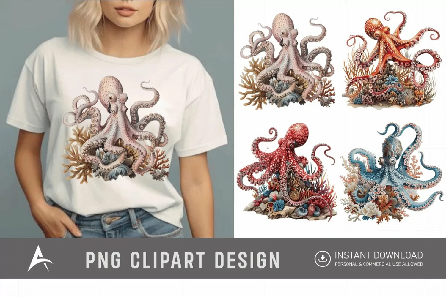 Watercolor Octopus on Ocean Coral Clipart product image 1