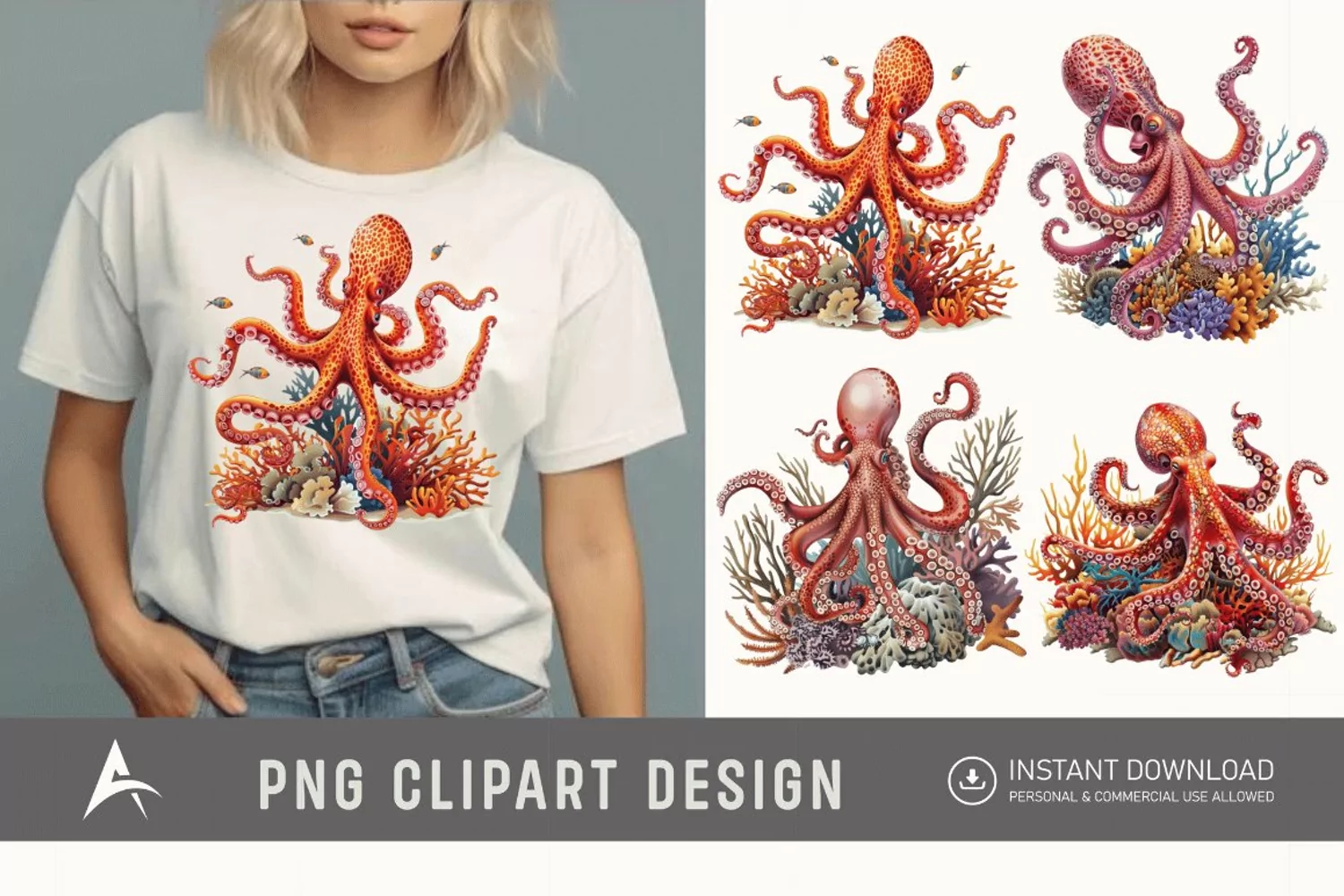 Watercolor Octopus on Ocean Coral Clipart product image 1